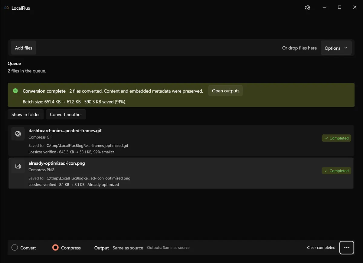 LocalFlux showing a verified GIF result that is 92% smaller, with only a C:\tmp destination visible.