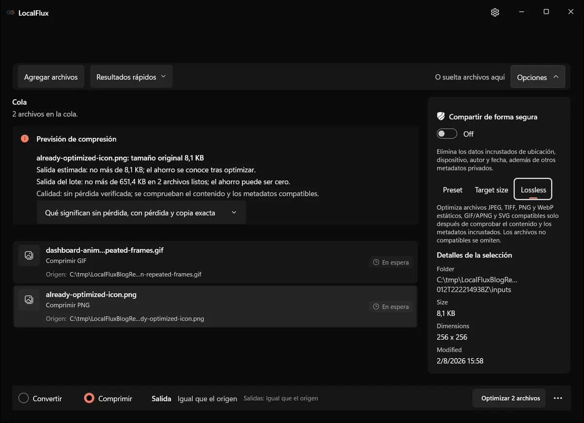 LocalFlux con dos archivos sintéticos bajo C:\tmp y la estrategia Sin pérdida seleccionada.