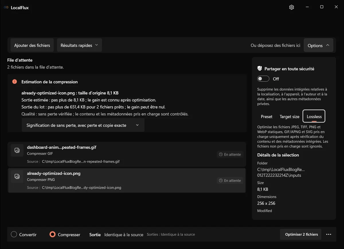 LocalFlux avec deux fichiers synthétiques sous C:\tmp et la stratégie Sans perte sélectionnée.