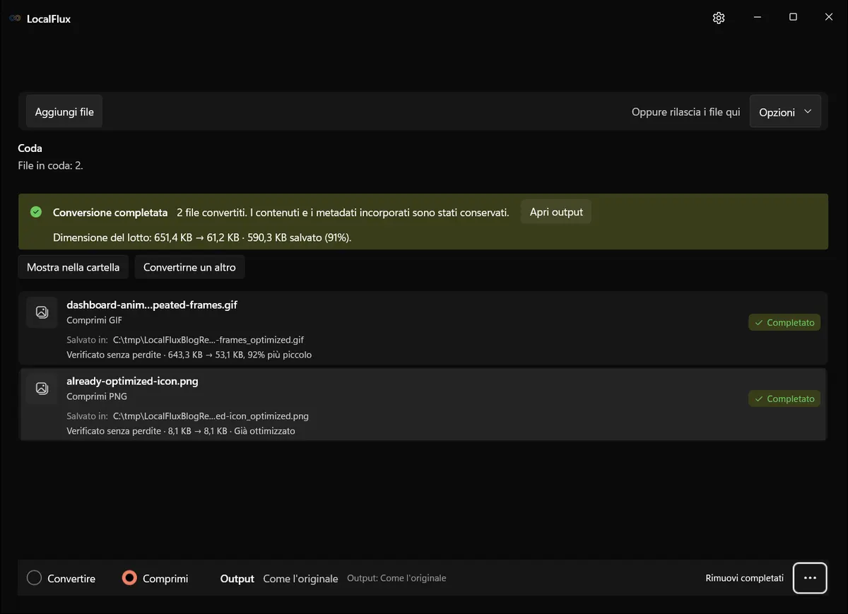 LocalFlux mostra un risultato GIF verificato più piccolo del 92%, con la sola destinazione C:\tmp visibile.