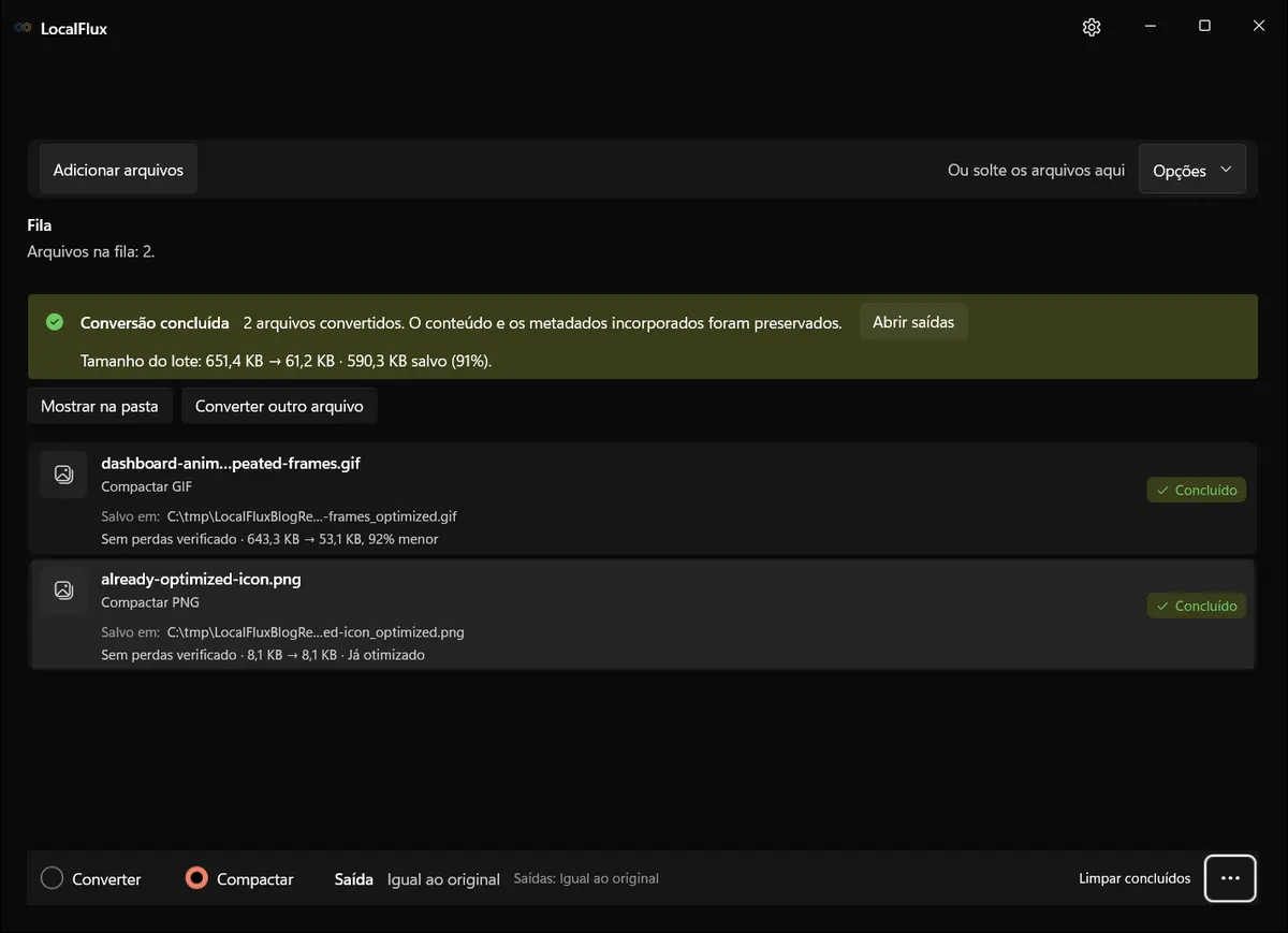 LocalFlux mostrando um resultado GIF verificado que ficou 92% menor, com apenas um destino em C:\tmp visível.