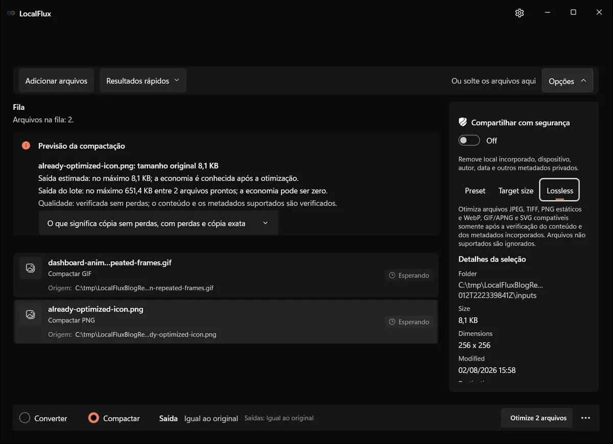 LocalFlux com dois arquivos sintéticos em C:\tmp e a estratégia Lossless selecionada.