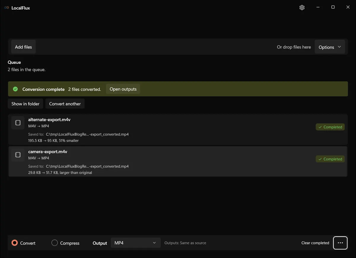 Completed M4V to MP4 conversion in LocalFlux