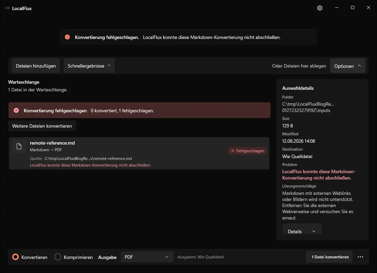 LocalFlux weist eine Markdown-Datei mit einer externen Webreferenz zurück.