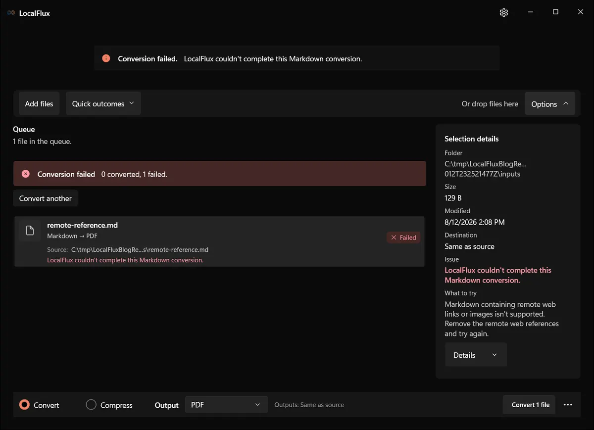 LocalFlux rejecting a Markdown file that contains a remote web reference.