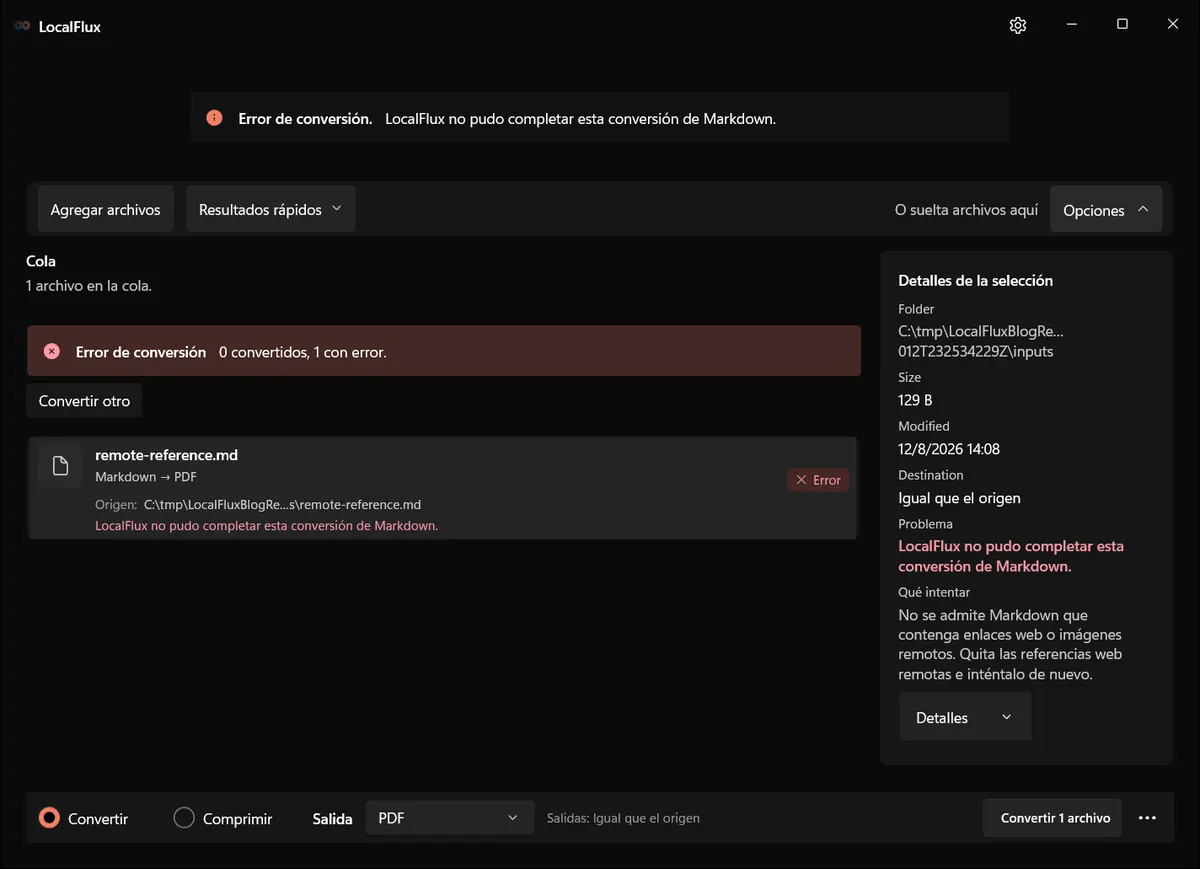 LocalFlux rechaza un Markdown con una referencia web remota.