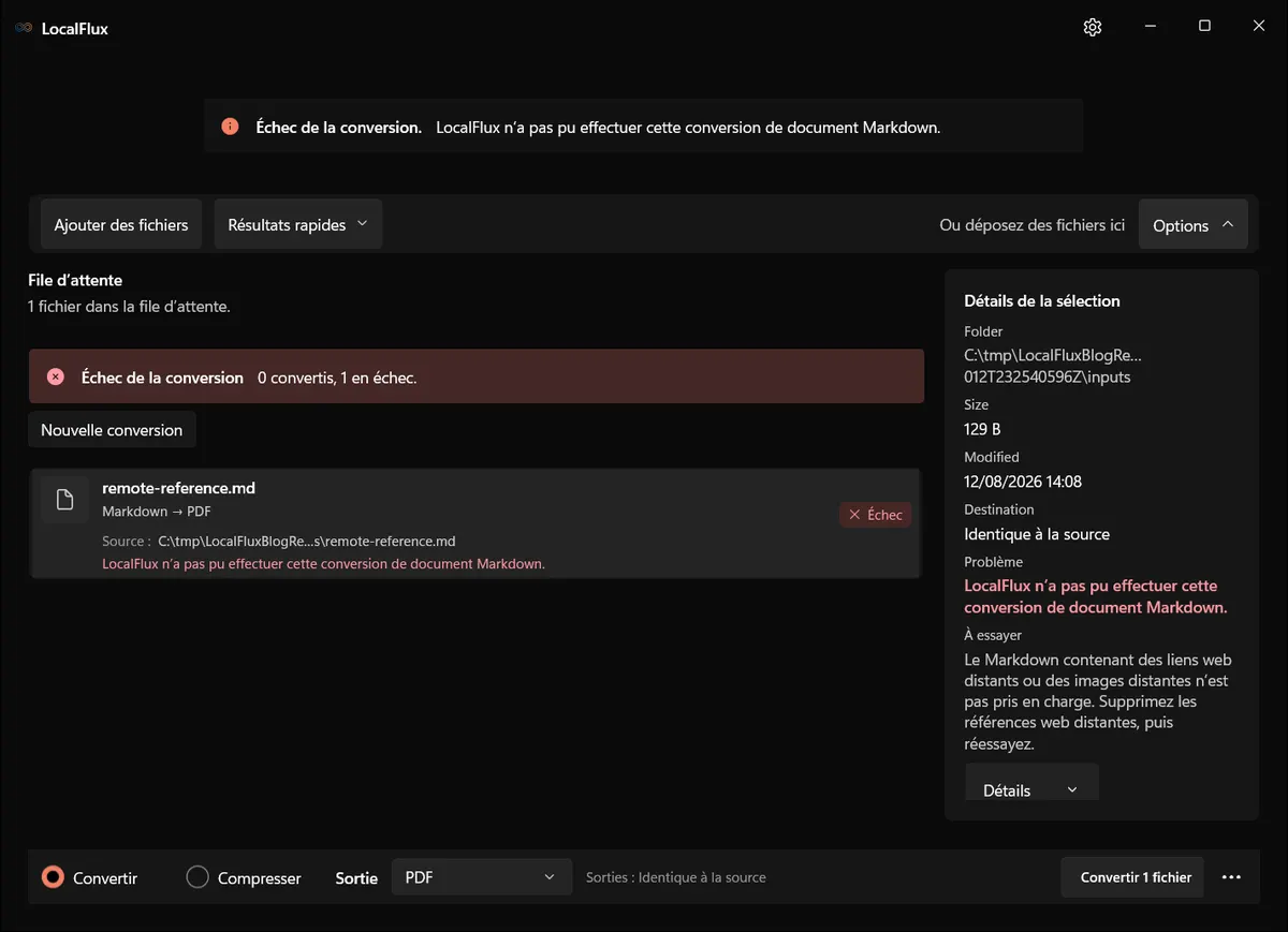 LocalFlux refuse un fichier Markdown contenant une référence web distante.