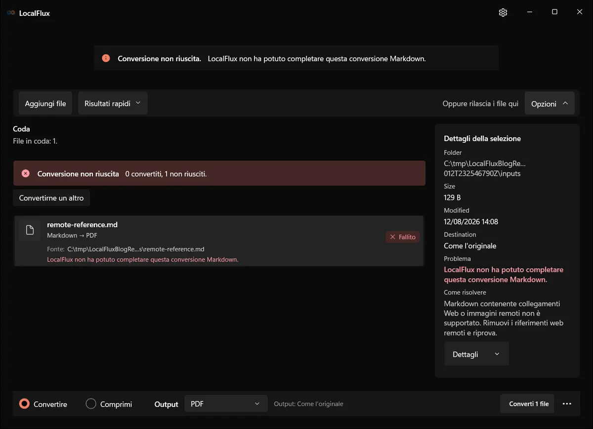 LocalFlux rifiuta un file Markdown che contiene un riferimento web remoto.