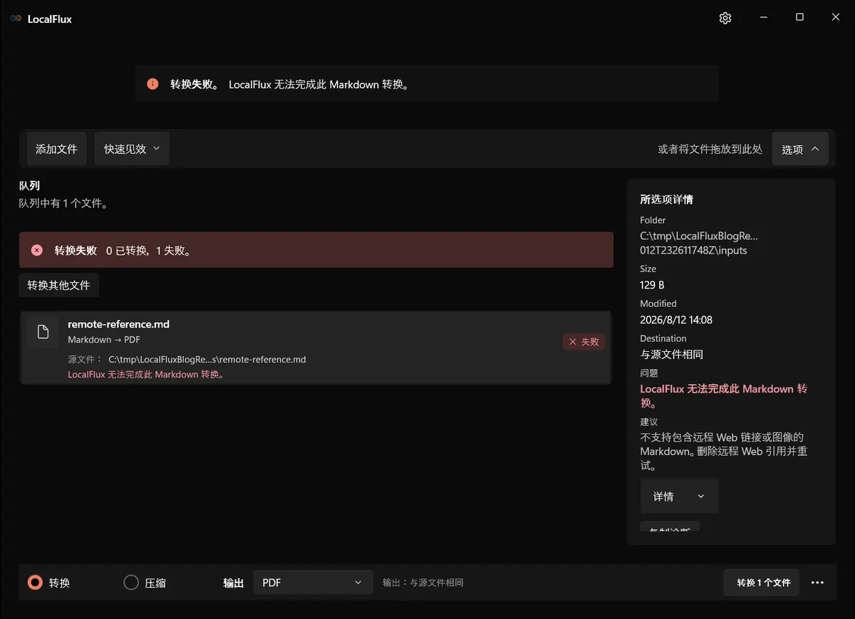 LocalFlux 拒绝包含远程网页引用的 Markdown 文件。