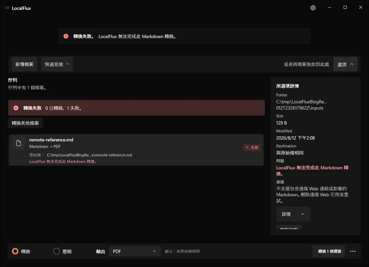 LocalFlux 拒絕含有遠端網路參照的 Markdown 檔案。