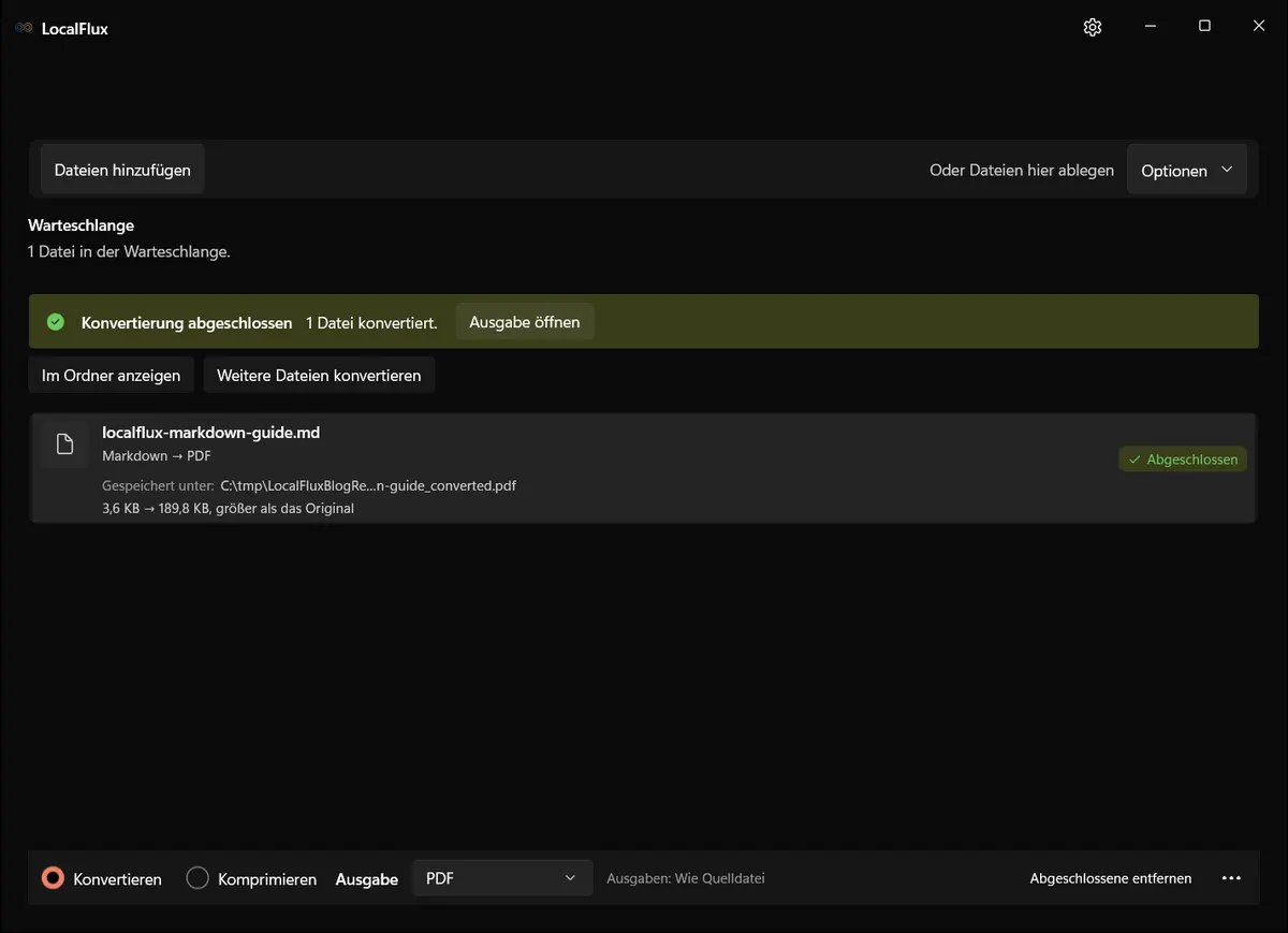 LocalFlux zeigt eine abgeschlossene Markdown-zu-PDF-Konvertierung unter Windows 11.