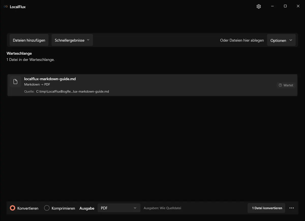 Eine Markdown-Datei wartet in LocalFlux, PDF ist als Ausgabe gewählt.