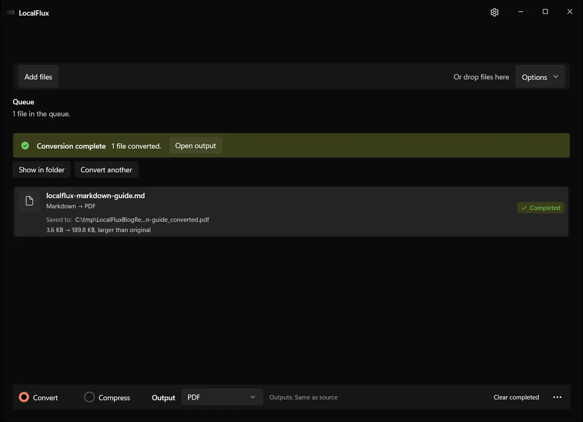 LocalFlux showing a completed Markdown-to-PDF conversion on Windows 11.