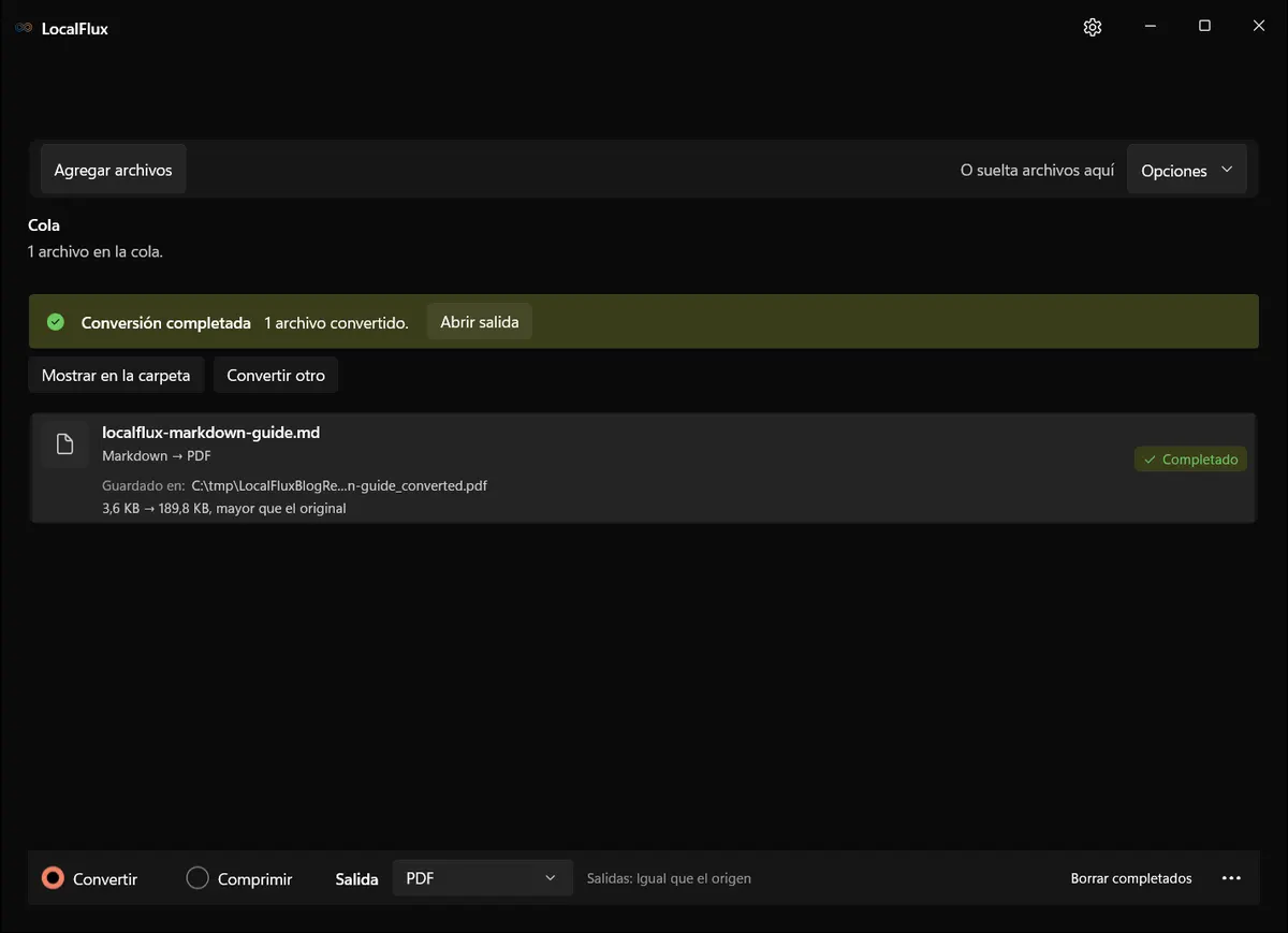 LocalFlux muestra una conversión de Markdown a PDF completada en Windows 11.