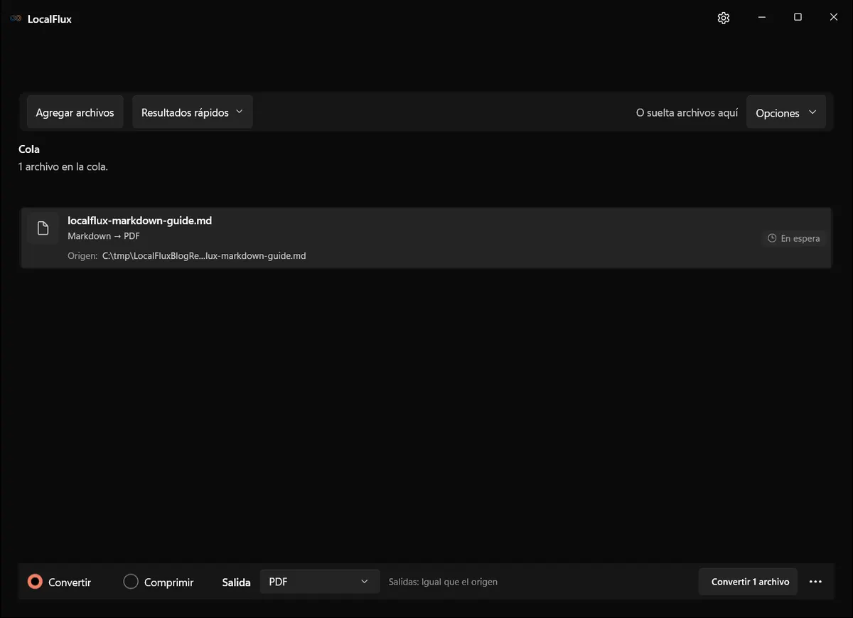 Un archivo Markdown en espera en LocalFlux con PDF elegido como salida.