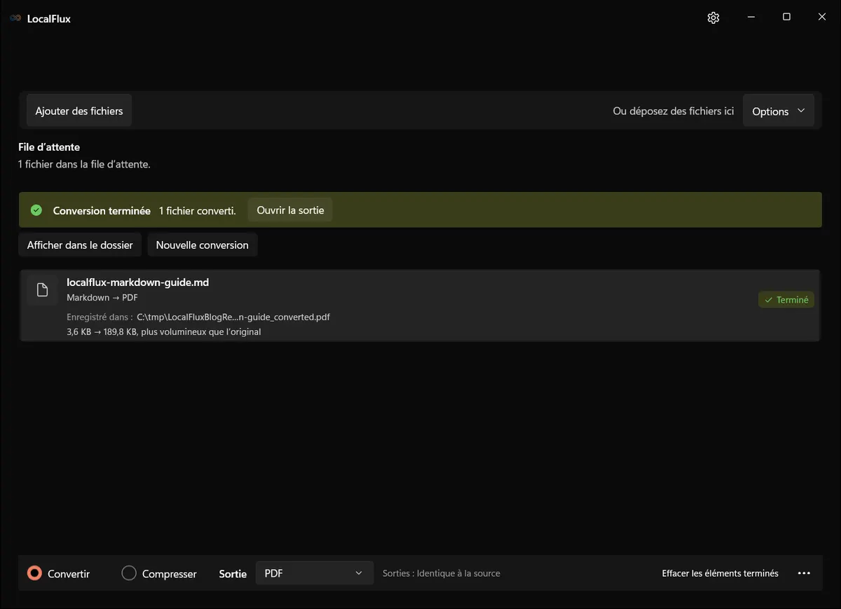 LocalFlux affiche une conversion de Markdown en PDF terminée sous Windows 11.