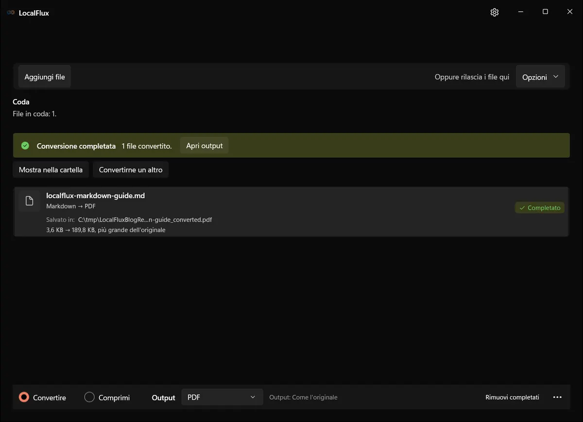 LocalFlux mostra una conversione da Markdown a PDF completata su Windows 11.