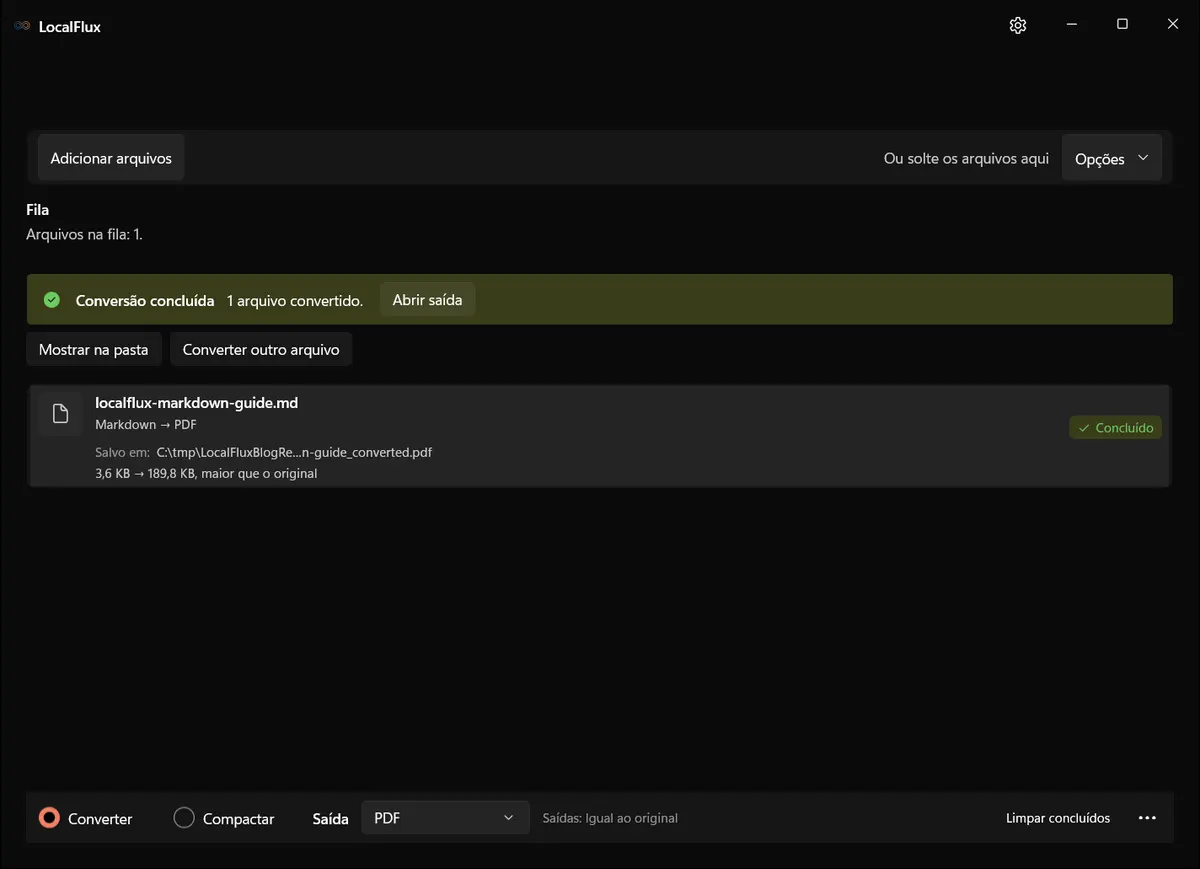 LocalFlux mostrando uma conversão concluída de Markdown para PDF no Windows 11.