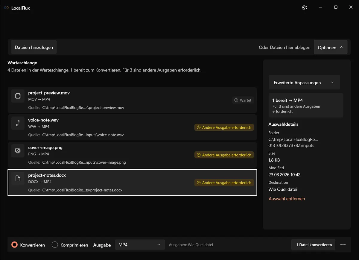 Gemischtes Inventar mit vorläufigem MP4-Ziel: eine bereite und drei inkompatible Zeilen