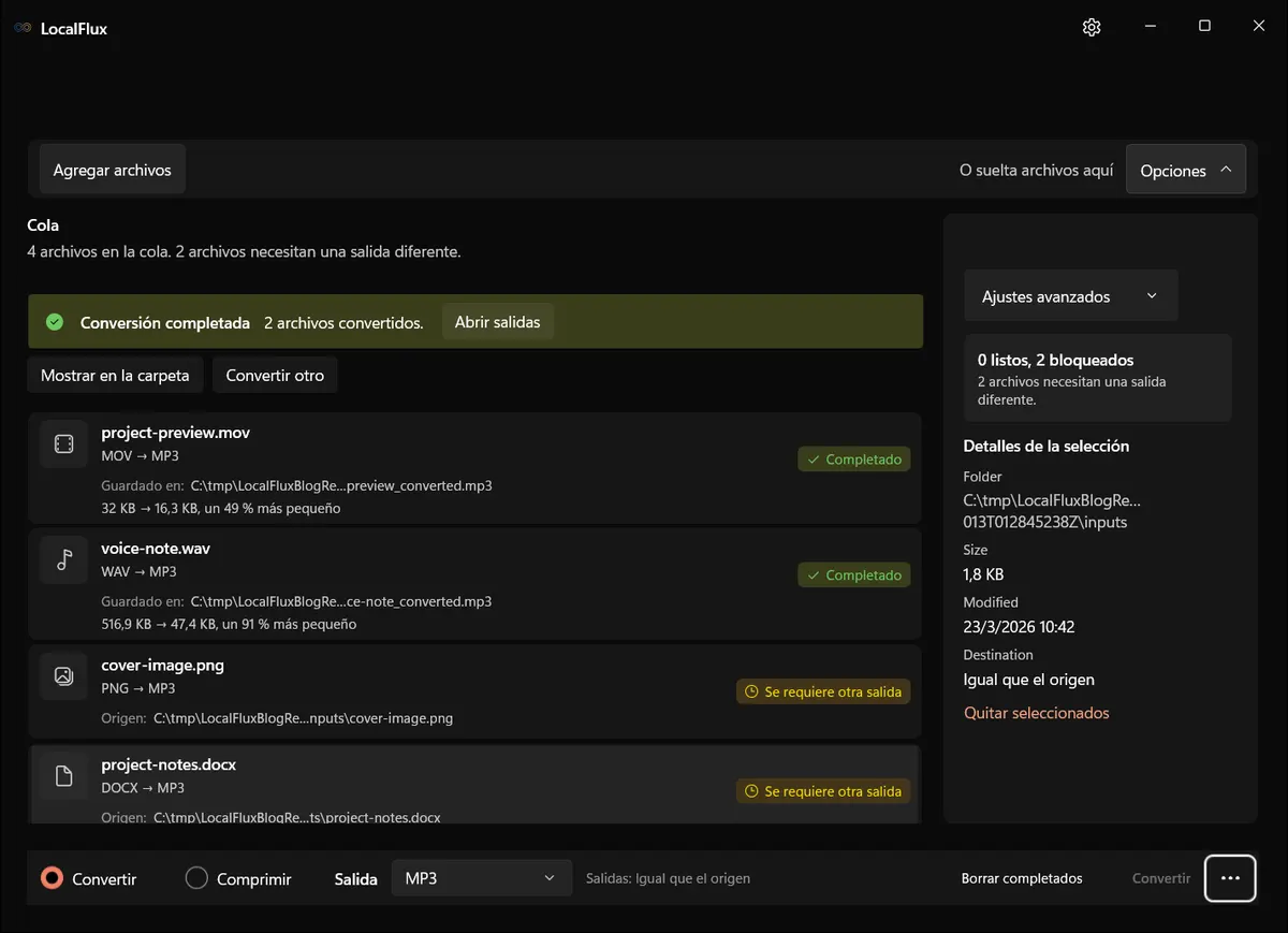 Dos MP3 terminados; PNG y DOCX siguen bloqueados