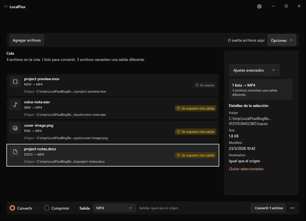Inventario mixto con MP4 provisional: una fila lista y tres incompatibles