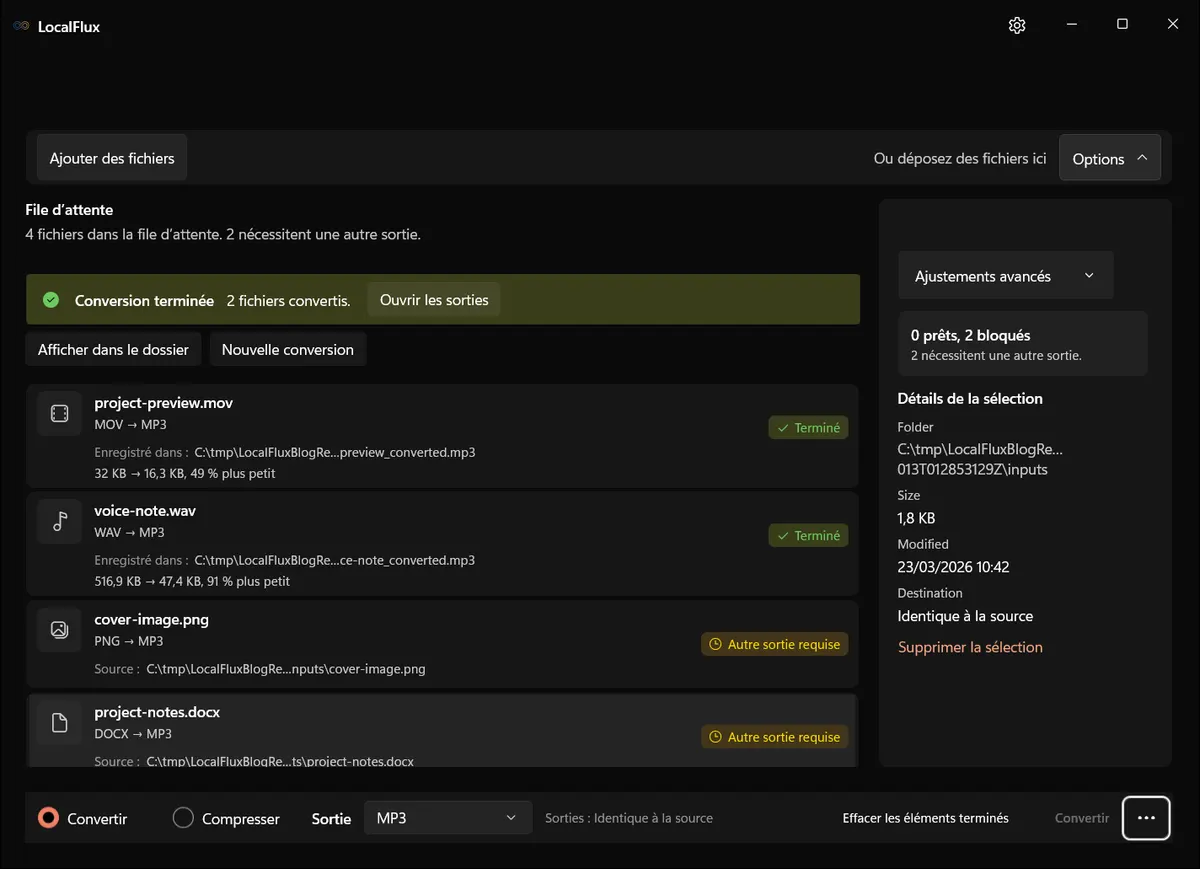 Deux MP3 terminés ; PNG et DOCX restent bloqués