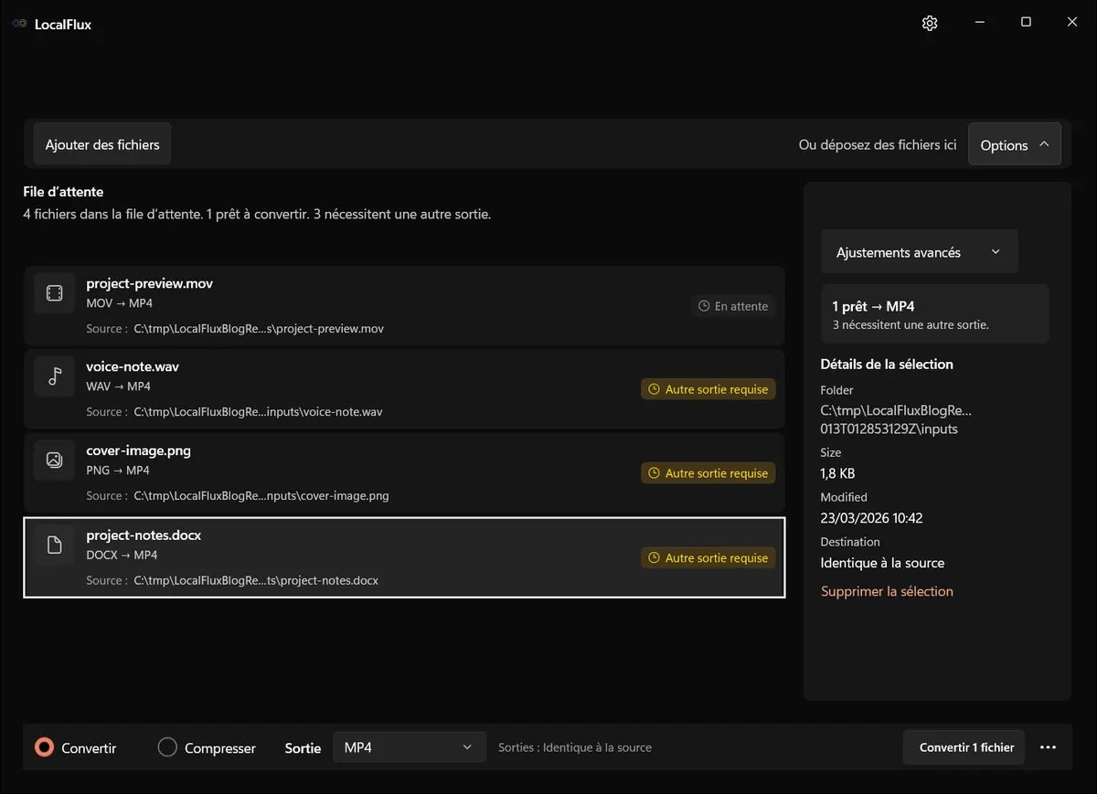 Inventaire mixte avec MP4 provisoire : une ligne prête et trois incompatibles