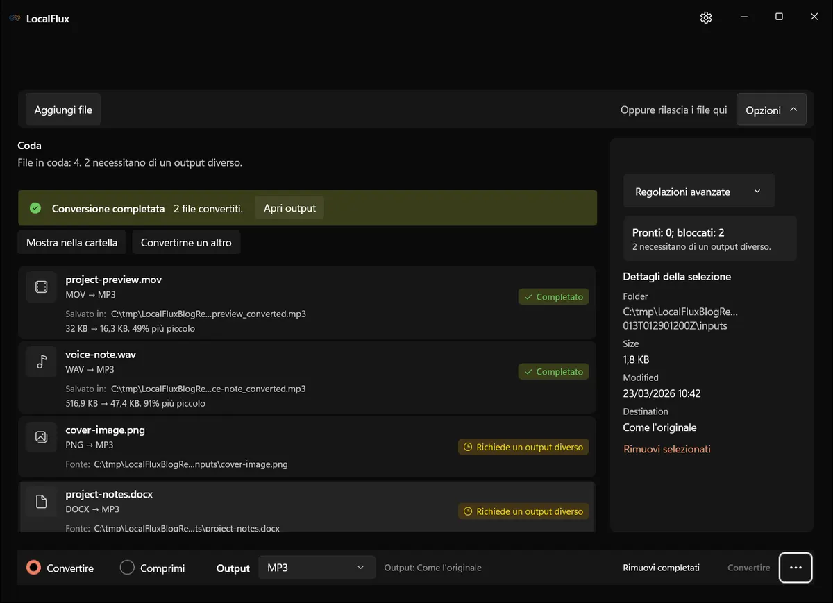 Due MP3 completati; PNG e DOCX restano bloccati