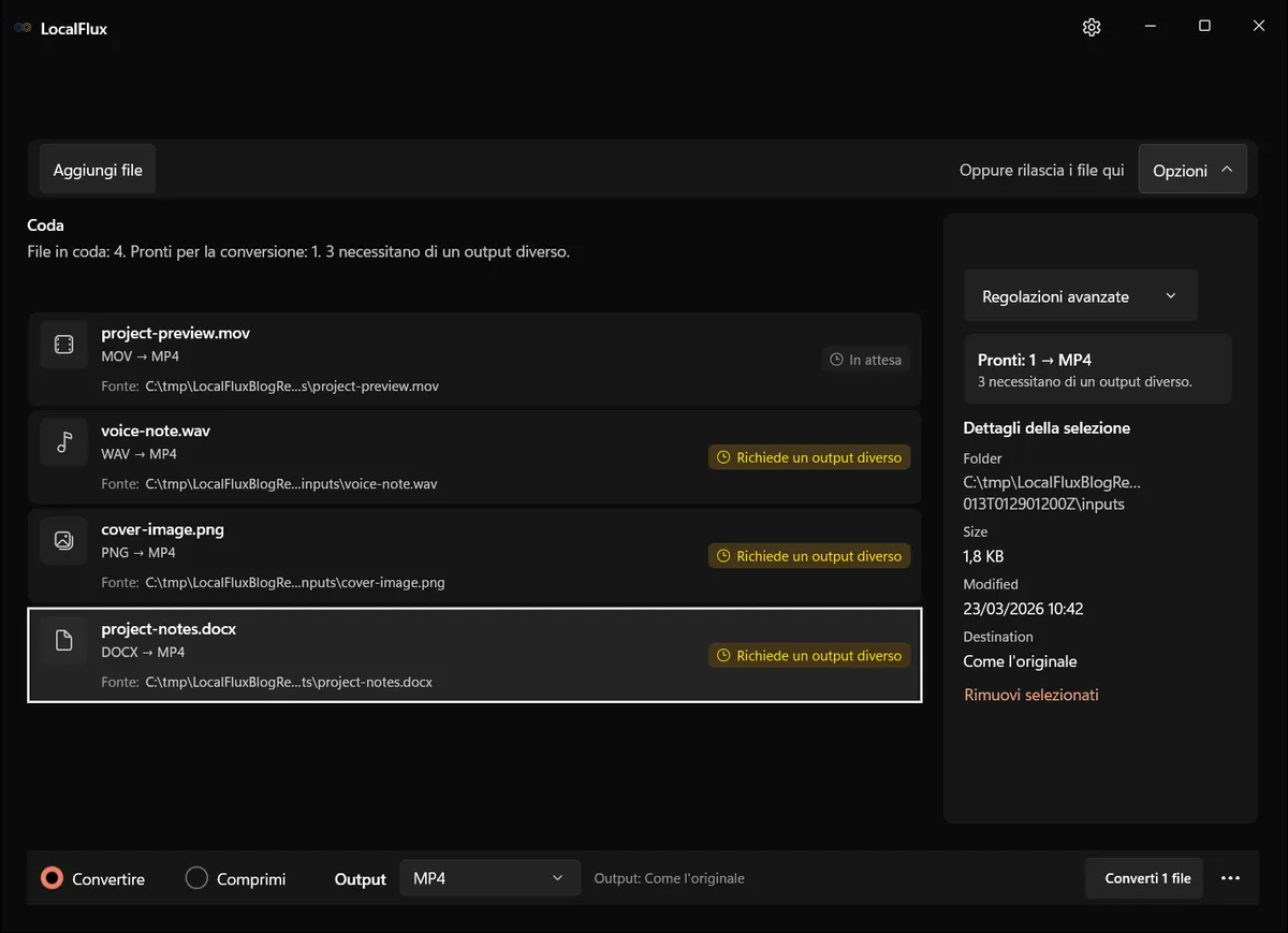 Inventario misto con MP4 provvisorio: una riga pronta e tre incompatibili