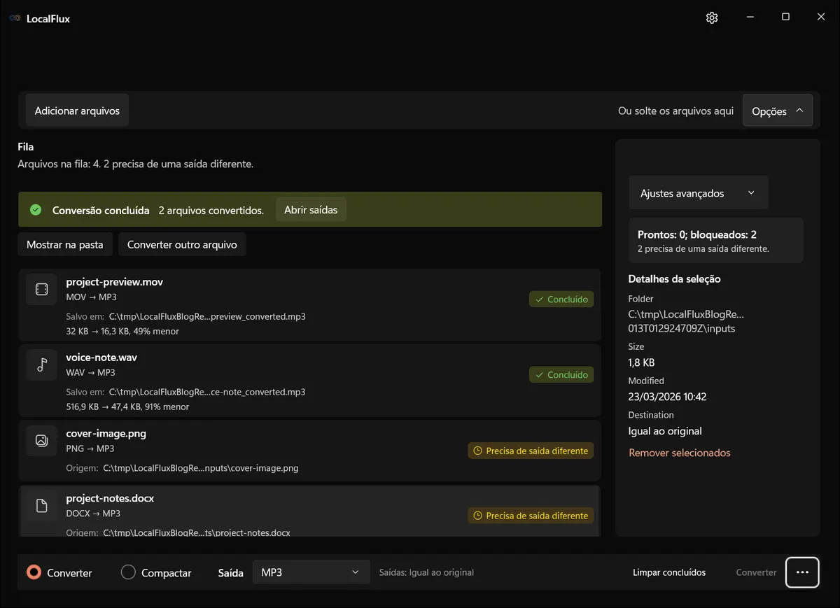 Dois MP3 concluídos; PNG e DOCX continuam bloqueados