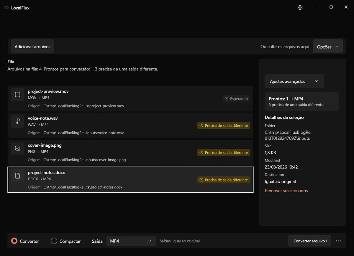 Inventário misto com MP4 provisório: uma linha pronta e três incompatíveis