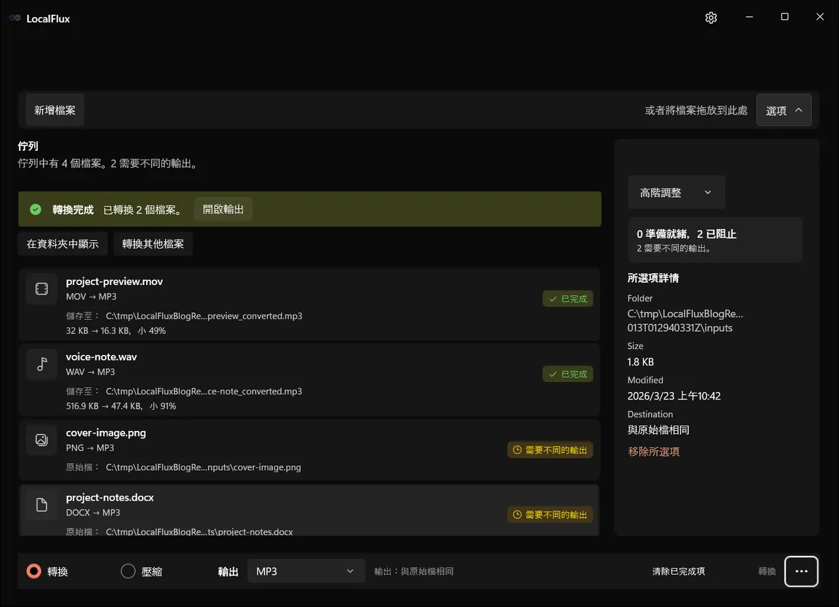 兩個 MP3 已完成,PNG 與 DOCX 仍被封鎖