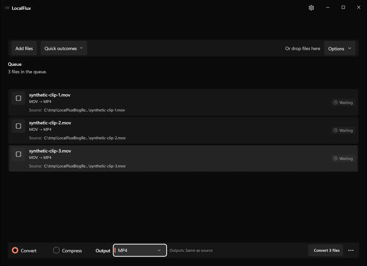 Three synthetic MOV files queued in LocalFlux with all three ready for MP4 output.