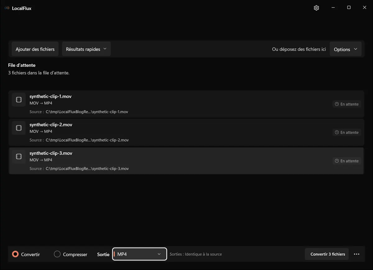 Trois fichiers MOV synthétiques dans la file LocalFlux, tous prêts pour une sortie MP4.