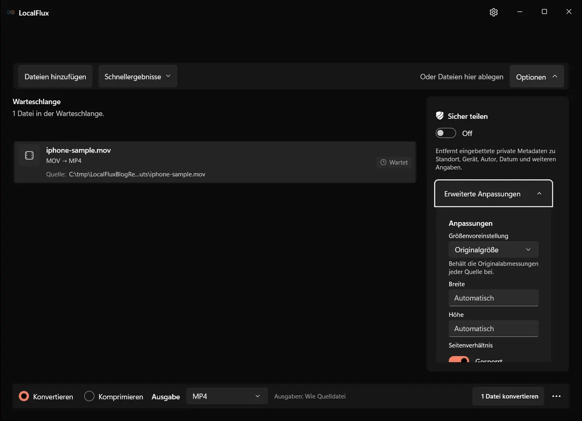 Erweiterte Videoanpassungen in LocalFlux mit ausgewählter Originalgröße und sichtbaren Steuerelementen für die Abmessungen.