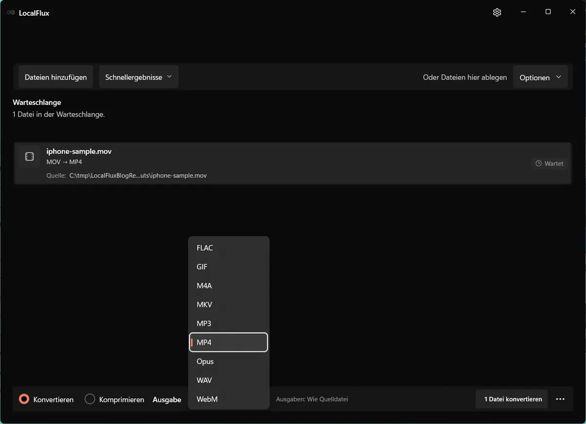 Das LocalFlux-Ausgabemenü mit ausgewähltem MP4 für eine MOV-Quelldatei.