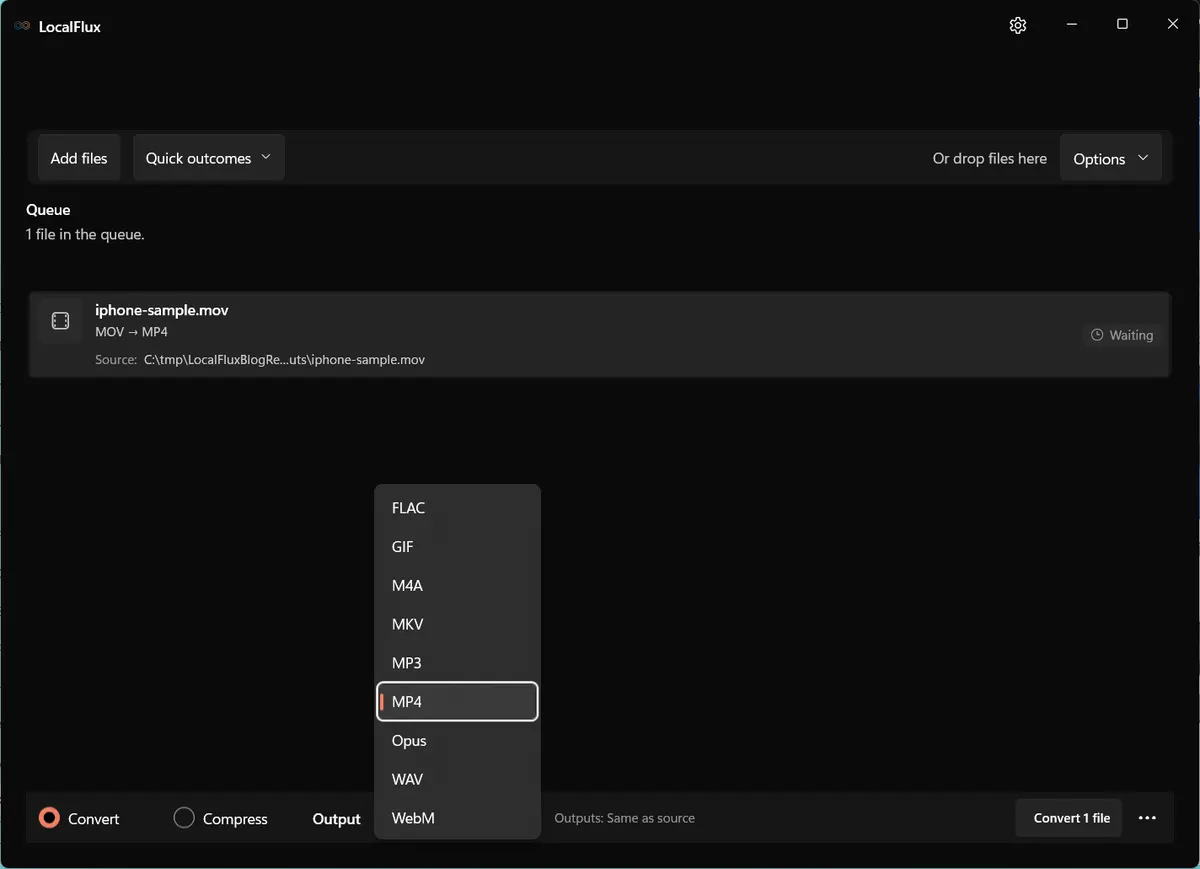 The LocalFlux output menu with MP4 selected for a MOV source file.