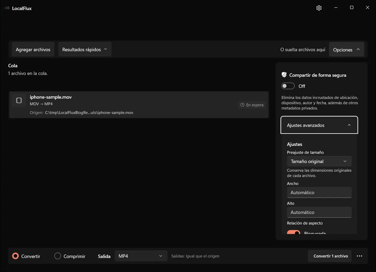 Ajustes avanzados de vídeo de LocalFlux con el tamaño original seleccionado y los controles de dimensiones visibles.