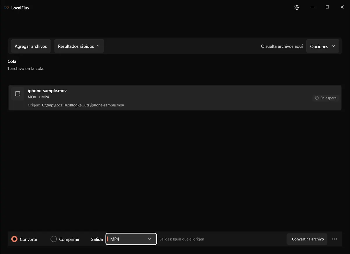 Un archivo MOV en la cola de LocalFlux, listo para convertirse a MP4.