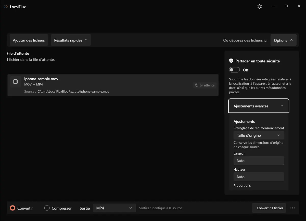 Ajustements vidéo avancés de LocalFlux avec la taille d’origine sélectionnée et les commandes de dimensions visibles.