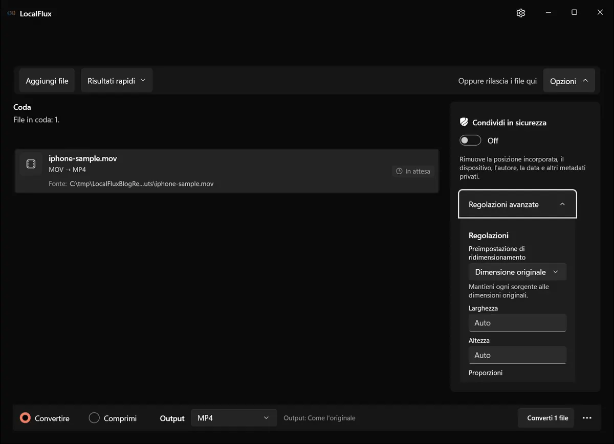 Regolazioni video avanzate di LocalFlux con dimensione originale selezionata e controlli delle dimensioni visibili.