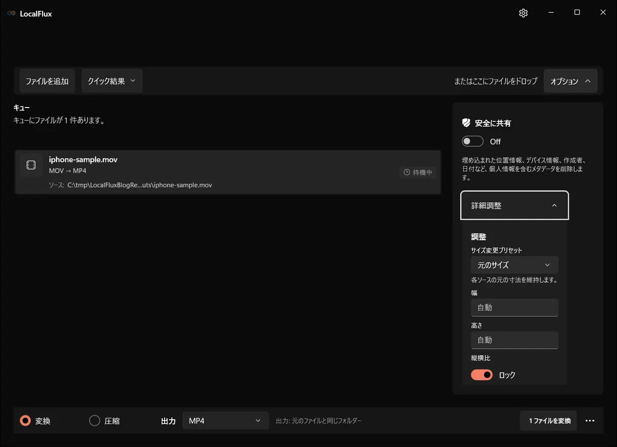 元のサイズが選択され、寸法の設定項目が見えるLocalFluxの動画詳細設定。