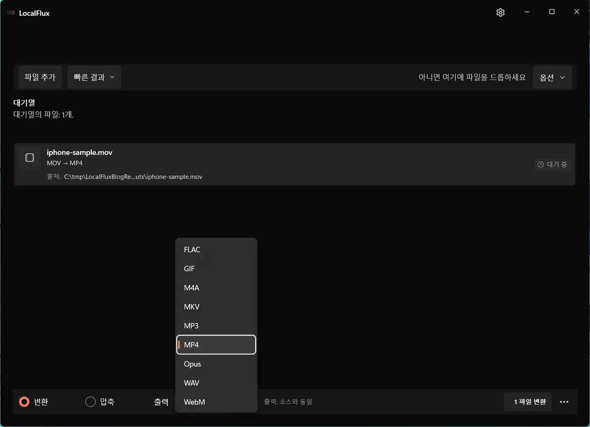 MOV 원본 파일의 출력 형식으로 MP4를 선택한 LocalFlux 출력 메뉴.