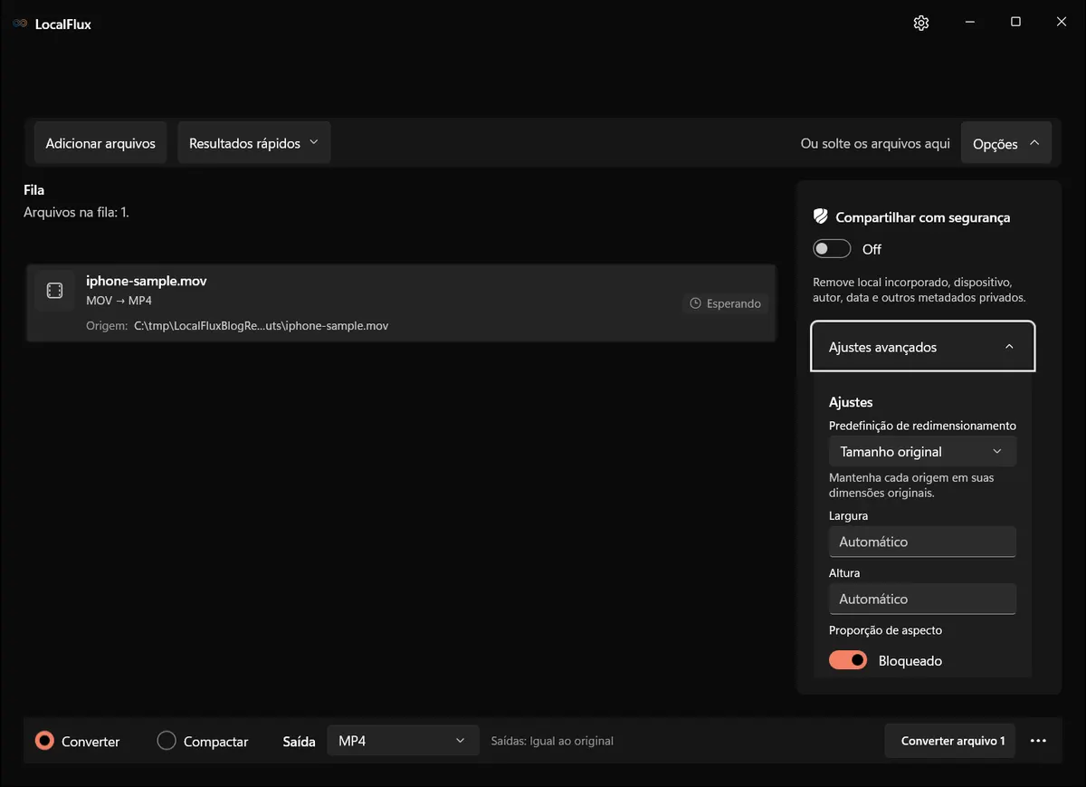 Ajustes avançados de vídeo do LocalFlux com tamanho original selecionado e controles de dimensões visíveis.