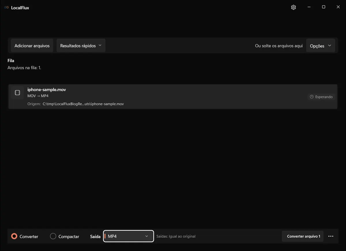 Um arquivo MOV na fila do LocalFlux, pronto para ser convertido em MP4.