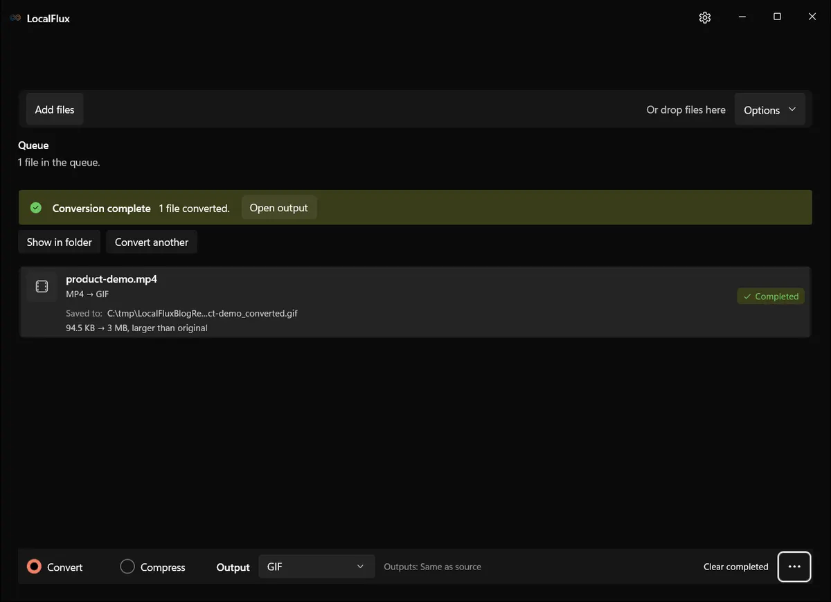 LocalFlux showing a completed MP4-to-GIF conversion and the new output name.