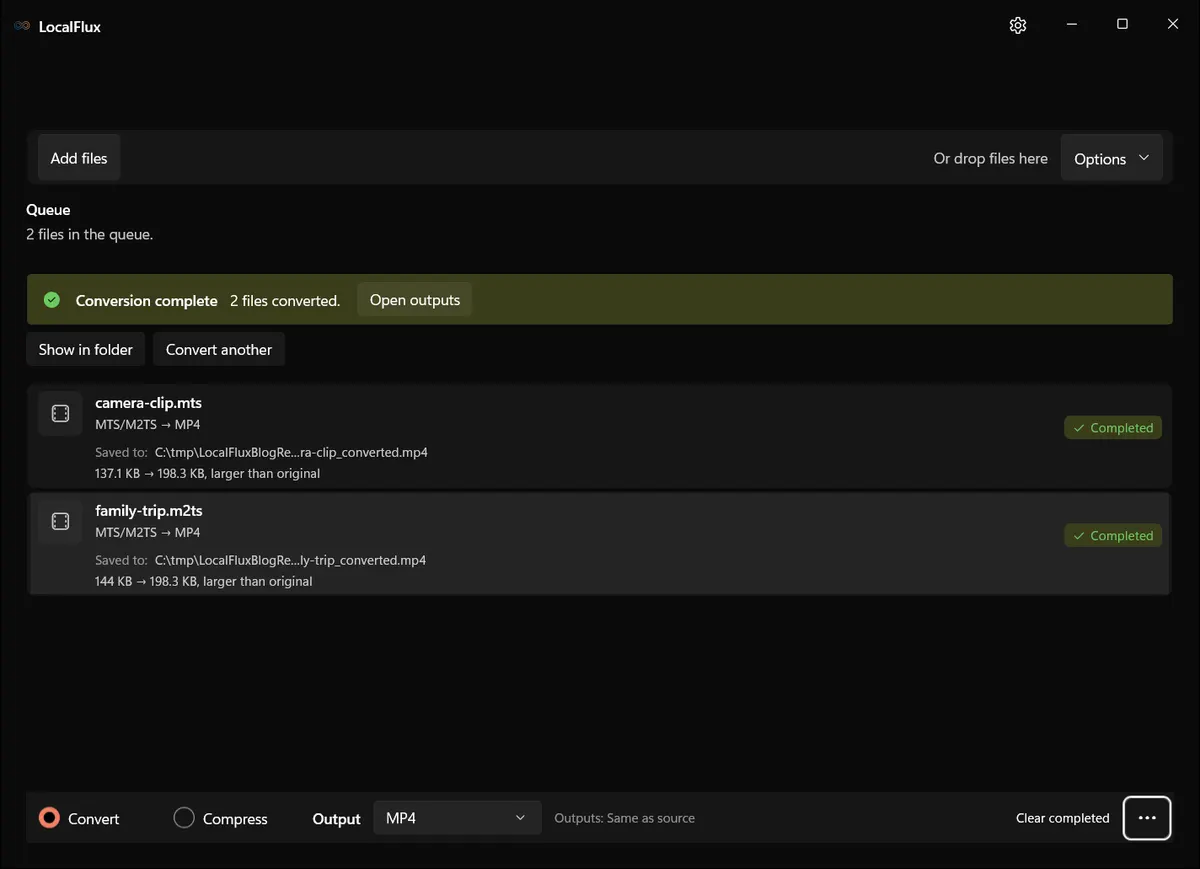 Completed MTS or M2TS to MP4 conversion in LocalFlux