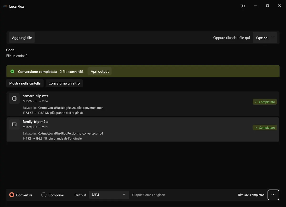 Conversione da MTS o M2TS a MP4 completata in LocalFlux