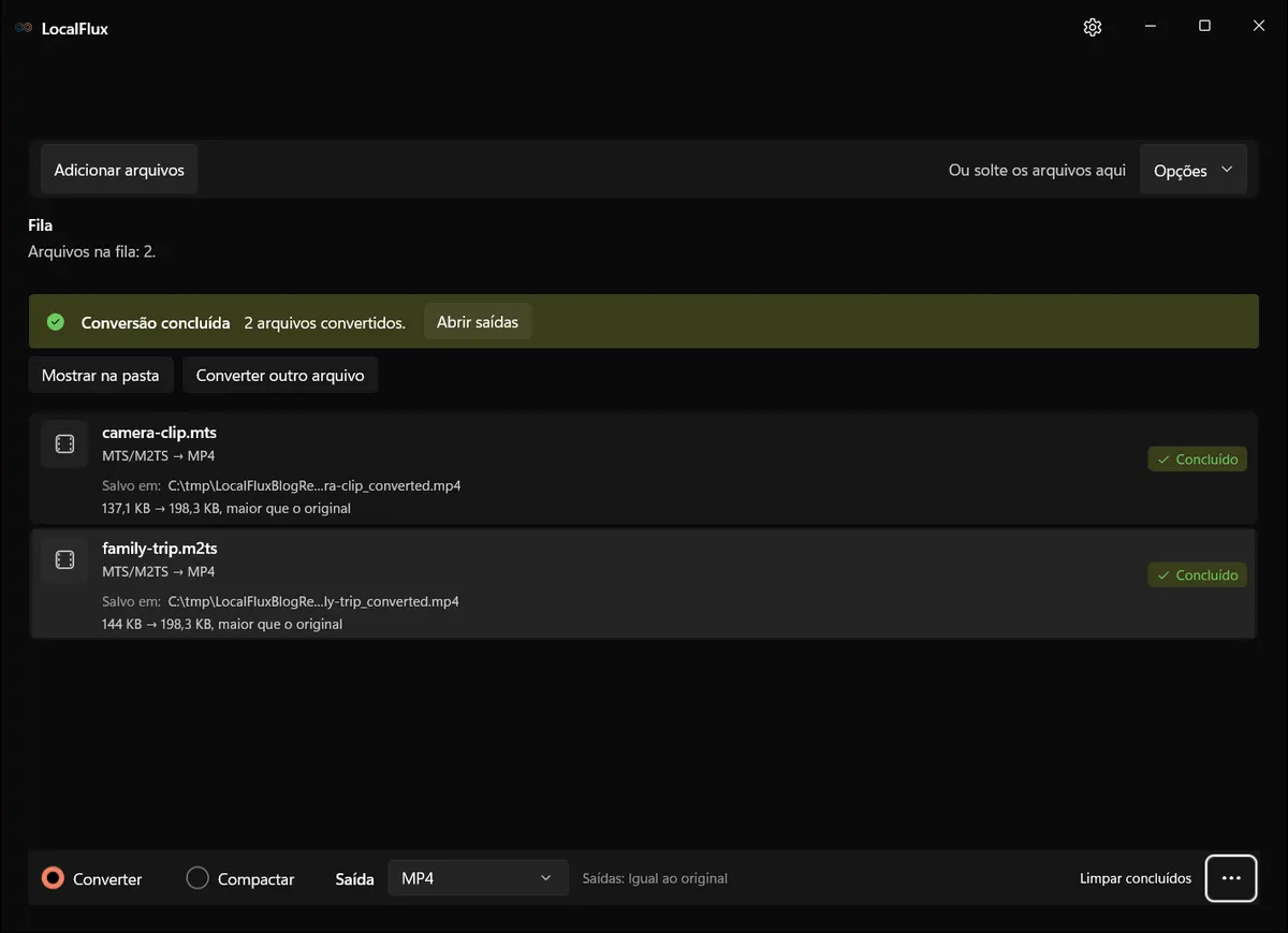Conversão concluída de MTS ou M2TS para MP4 no LocalFlux
