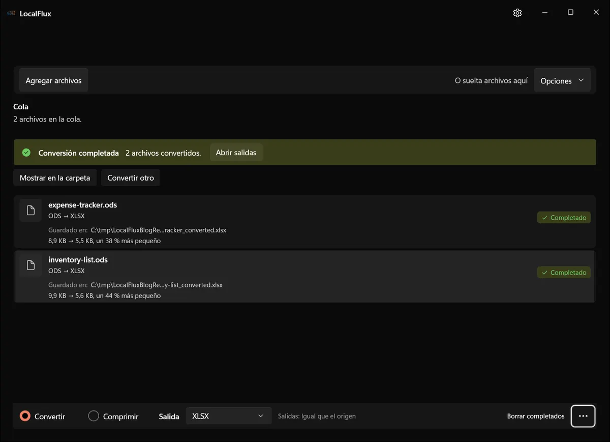 Hojas XLSX completadas en LocalFlux
